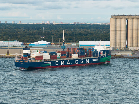 September 11, 2026, Muuga Harbor, Estonia: Aerial drone view of the CMA CGM LNG-powered container ship entering the commercial port terminal.