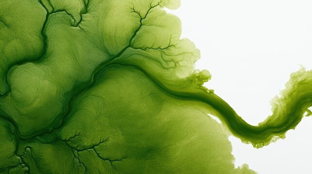 A detailed close-up of a green algae or plant-like pattern with branching veins spreading across a light background.
