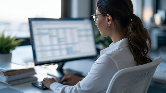 Cropped rear view of a confident european school administrator sitting in a bright administration office watching a monitor as a digital staff timetable dynamically rebuilds itself with