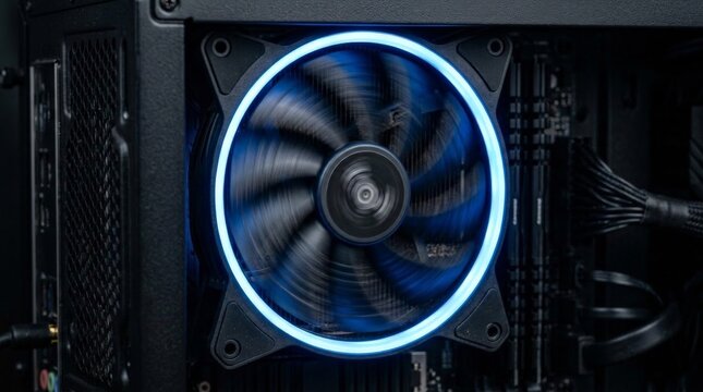 A close up view of a glowing server cooling fan actively spinning inside a computer case with blue light outlining the circular frame and internal components visible around it