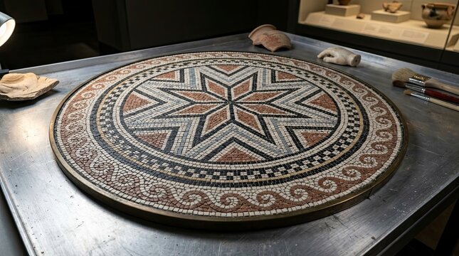 Ancient Roman mosaic roundel on restoration table
