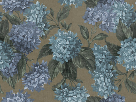 Classic Blue Hydrangea Seamless Pattern on Gray Background, Botanical Floral Repeat