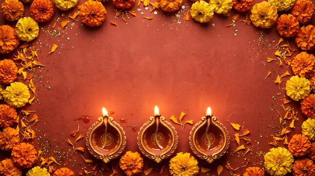Diwali celebration with burning oil lamps and vibrant marigold flower decorations