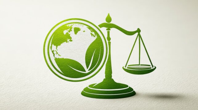 A green scale balancing the Earth with a leaf, symbolizing environmental justice and ecological balance.