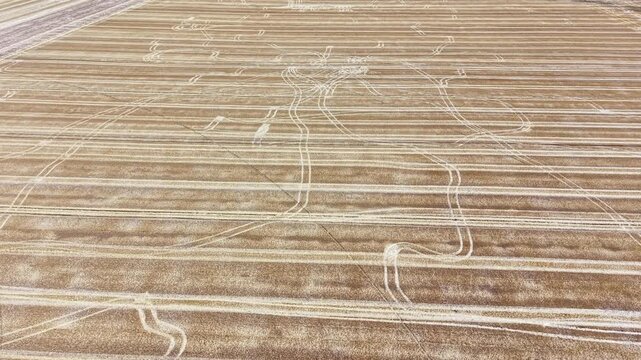 Drone flies forward above a harvested field, revealing irregular tractor tracks and zigzag patterns across the farmland.