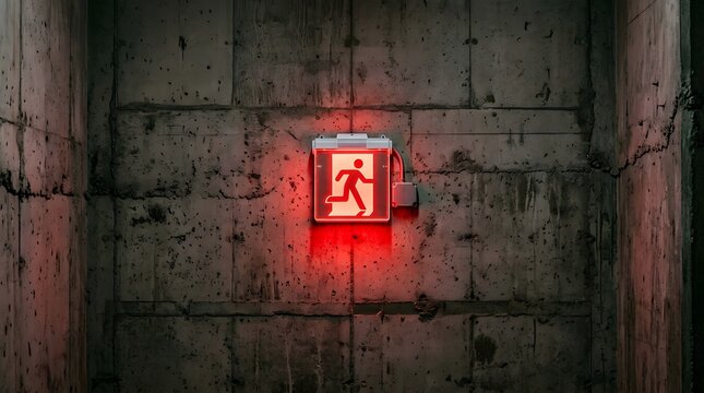 Glowing red emergency exit sign mounted on a dark concrete wall providing safety guidance and directional navigation during building evacuations