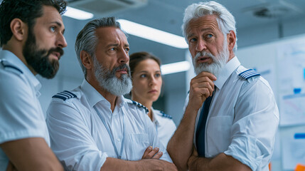 Obraz premium Ship Crew Meeting A focused group of experienced ship officers, including captains and crew members, engage in a serious discussion in what appears to be a control room or bridge.