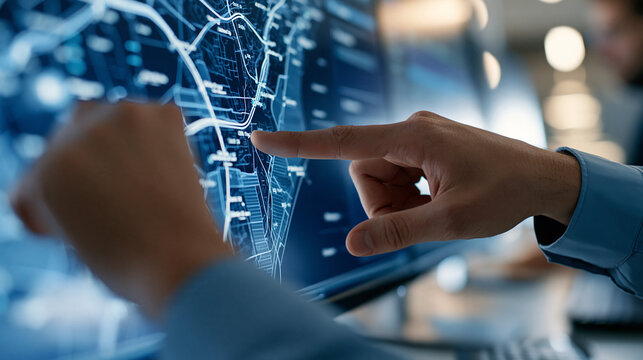 Cropped view of the hands of a confident european postal dispatcher manually adjusting an automated delivery route on a wall mounted digital map screen bright sorting hub office clean