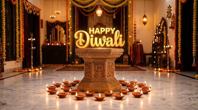 Warm diwali celebration with lit oil lamps and decorative lettering in a home interior