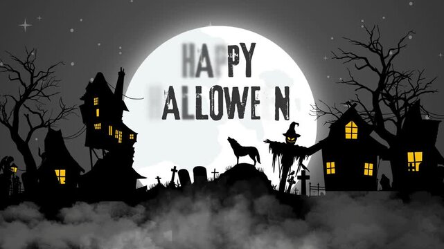 Silhouette of a Halloween scene with haunted houses bats and full moon in the background
