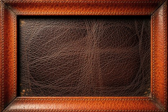 Close up macro shot of brown textured leather. Stitched leather frame borders a darker leather panel with visible grain and wrinkles. Rich material surface, deep colors.
