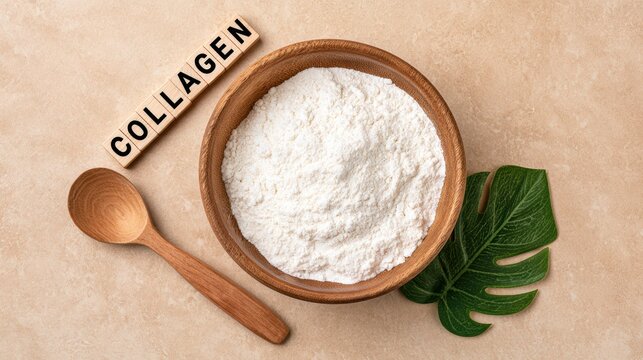 A wooden bowl filled with white collagen powder next to a wooden spoon and a green leaf on a beige background.