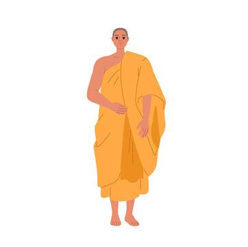 Buddhist monk illustration. Buddhist man in orange robe. Indian monk standing in orange kasaya, religious clothing. Man from Buddha religion, Buddhism. Isolated flat cartoon vector illustration