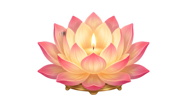 Glowing pink lotus flower candle isolated on white background symbolizing peace spirituality and mindfulness meditation