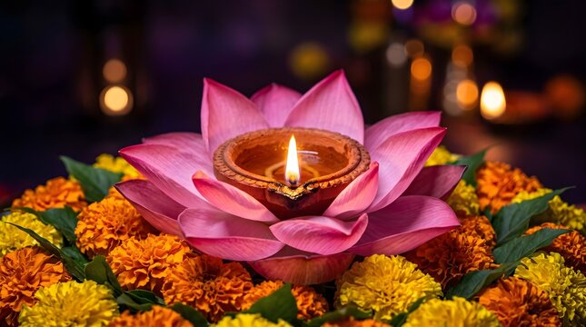 A pink lotus flower holds a lit diya lamp surrounded by marigolds and bokeh lights