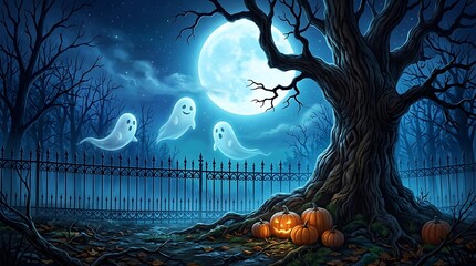 Fototapeta premium Three cute glowing ghosts floating past a spooky tree with pumpkins under a full moon light