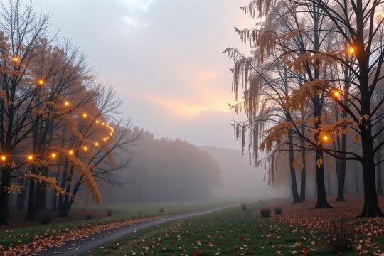 Foggy park with autumn trees and string lights
