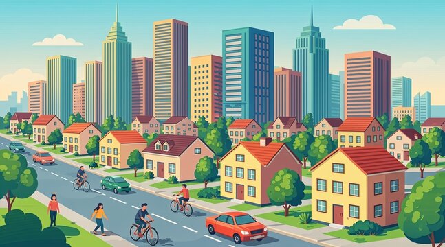 Vibrant vector illustration of a suburban neighborhood transitioning into a modern city skyline