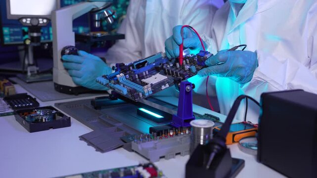 High-tech semiconductor microchip processing unit on circuit board, modern CPU technology for AI, computer hardware and electronic component concept.