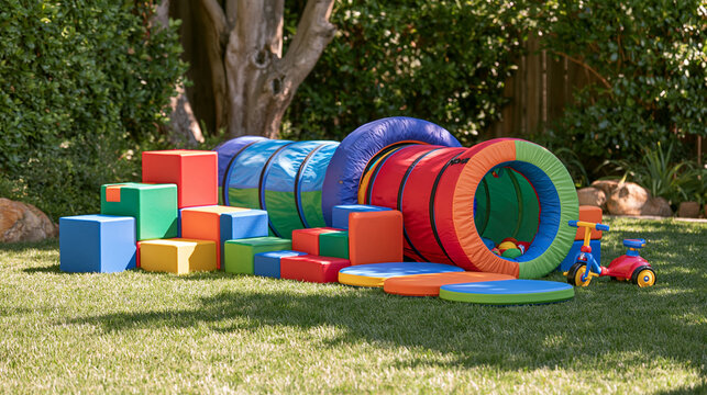 Colorful soft play equipment and tunnels arranged on a sunny backyard lawn. Ideal for children's outdoor birthday parties or daycare recreational activities.