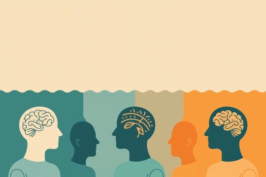 Silhouettes of human heads with brain illustrations in profile