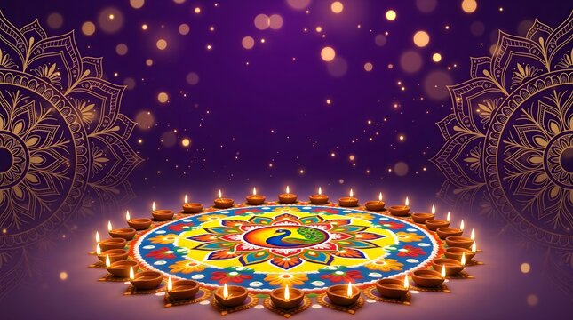 Diwali celebration with colorful lights and ornate golden elephant statues on dark background