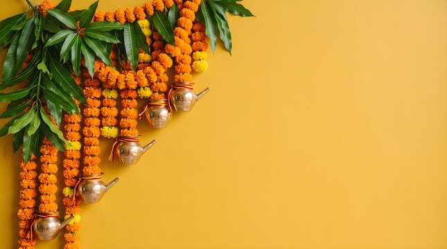 Traditional indian toran door hanging with marigolds and mango leaves for festive decor