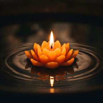 Floating orange lotus flower candle with a soft glow on dark water