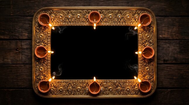 Ornate golden frame with glowing sconces against a dark rustic wooden wall