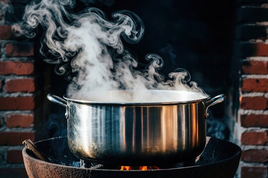 A large metal pot bubbles with steam cooking over an open fire. The rustic brick background and visible flames suggest outdoor cooking or camping.