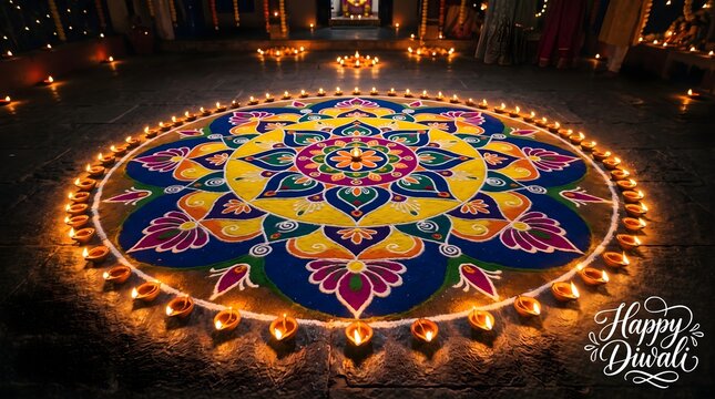 Colorful traditional indian rangoli pattern on the floor decorated with glowing oil lamps for diwali celebration
