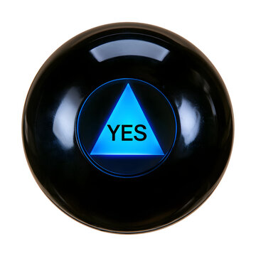 An eight-ball for fortune telling, black with a glowing blue triangle interior that indicates a positive response, shown against a clear background.