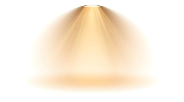 Bright golden yellow spotlight beam shining down with glowing light rays effect isolated on a plain white background for stage or product presentation