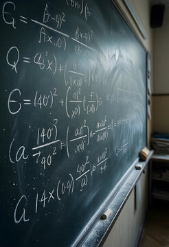 Education and academic learning, complex mathematical equations written on a classroom chalkboard for science research and advanced university studies