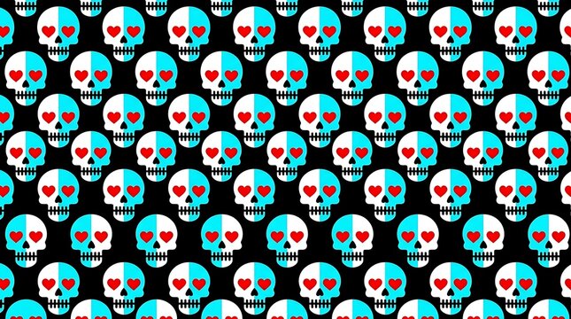 Vibrant skull pattern featuring split blue and white faces with bright red heart shaped eyes