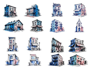Fototapeta premium Various hand-drawn buildings in colorful artistic style 