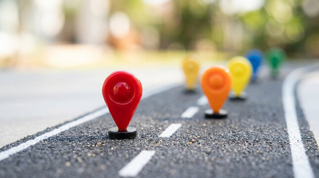 Colorful map pins on a miniature road, concept of journey, destination, travel