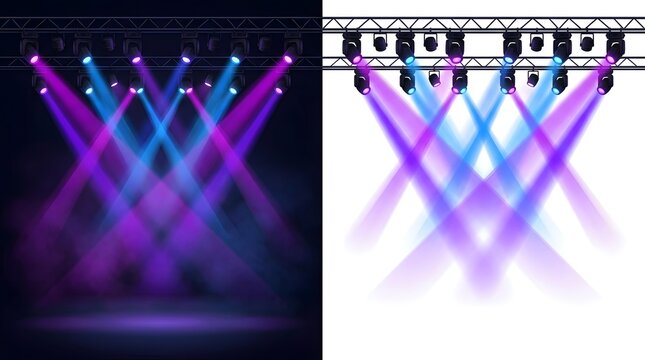 Stage lighting truss with bright purple and blue spotlights shining down in a dark concert venue setting for music events and live performance shows