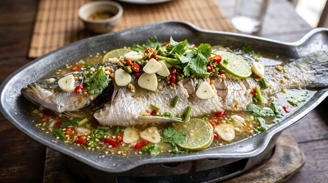 Hyper Realistic 9K Close Up Thai Pla Nuung Manao Steamed Sea Bass in Spicy Lime Garlic Broth Food Photography