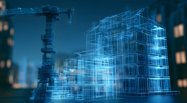 Digital twin construction technology brings to life the glowing blueprint of industrial cranes and residential building frameworks within a virtual environment