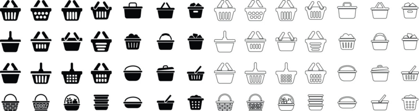 Shopping basket icon set, collection and group of black flat and line vector designs, grocery basket, market basket, retail, supermarket, shopping, store and commerce symbols