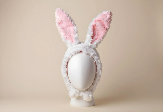 Easter celebration and spring holiday concept, white plush bunny ears hat on a mannequin head for seasonal retail marketing and festive party costume