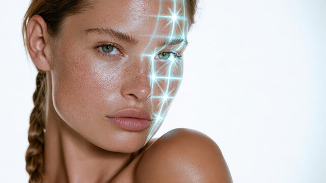 Woman's beautiful face showing advanced skin analysis technology, a glowing blue grid mapping facial features for cosmetic treatment, rejuvenation, and youthful skin