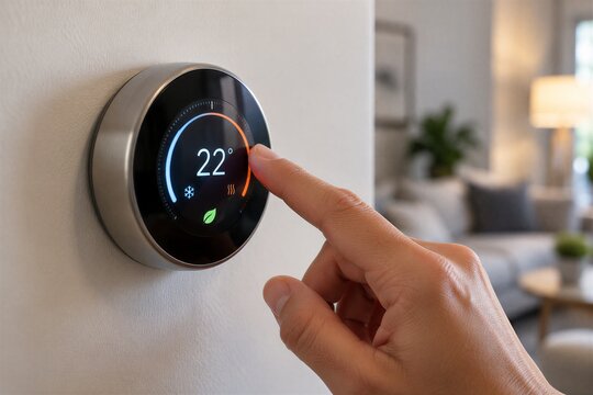 Hand adjusting precise temperature settings on a sleek automated thermostat mounted on a contemporary interior wall for optimal environmental control.
