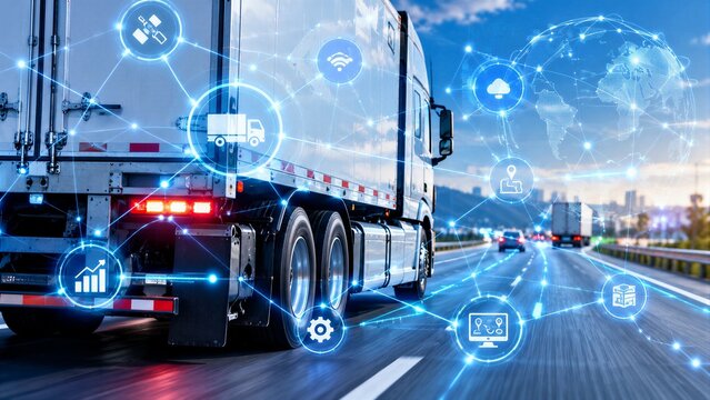 Rear view of a white semi-truck on a highway, featuring glowing plexus network graphics for smart logistics and fleet management.