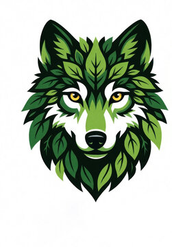 Stylized wolf head formed from green leaves on white background. Symbolizes nature, wildlife, eco consciousness, and strength. Ideal for eco brands and nature themes.