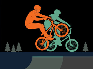 Fototapeta premium Stylized BMX rider illustration featuring overlapping orange and teal silhouettes performing a jump stunt in a skatepark.
