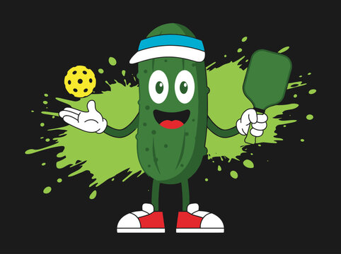Funny Cartoon Pickleball Mascot Character Holding Paddle and Ball