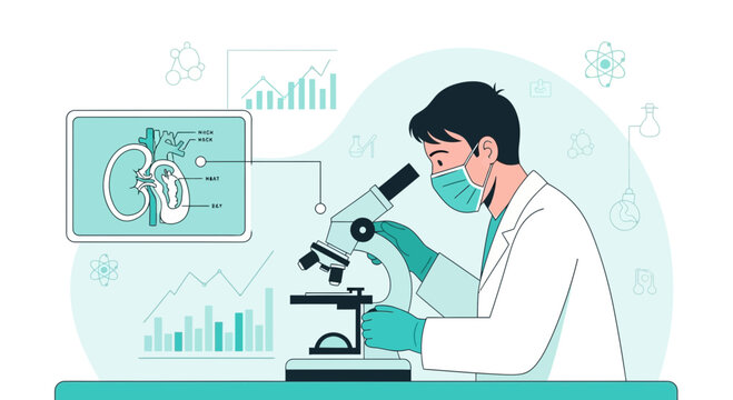 Scientist looking through microscope, medical research, kidney illustration