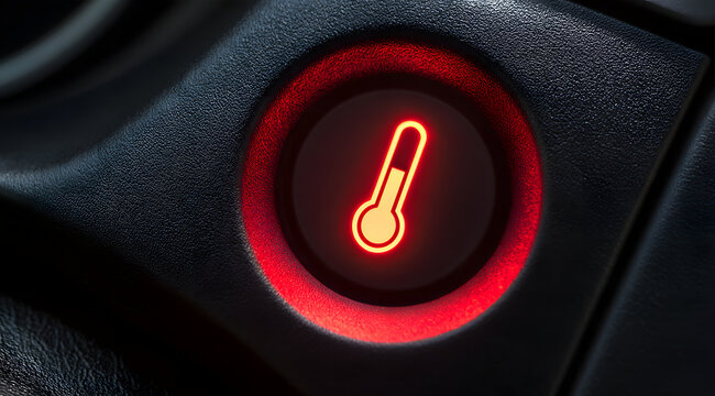 Red warning light with a thermometer symbol on a car dashboard indicating engine temperature alert.